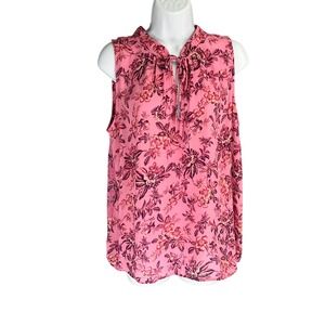 LOFT Top Womens Sz L Pink Floral Tie Neck‎ Blouse Feminine Spring Romantic